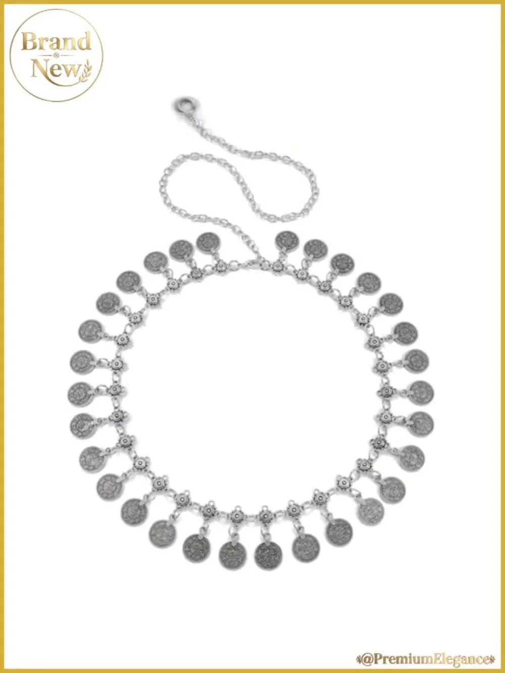 Metal Alloy Chain Belt Coin Tassel Adjustable Waist 23-32in